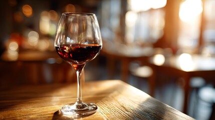 Naklejka premium Glass filled with dark red beverage rests on a sunlit wooden table in an ambient setting