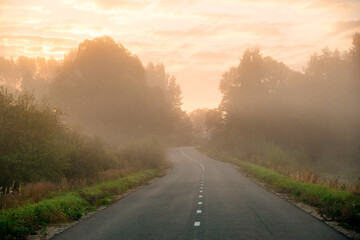 road in the fog at dawn