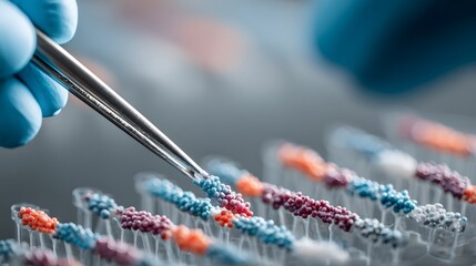 Scientist uses tweezers to handle tiny colorful beads in a laboratory.