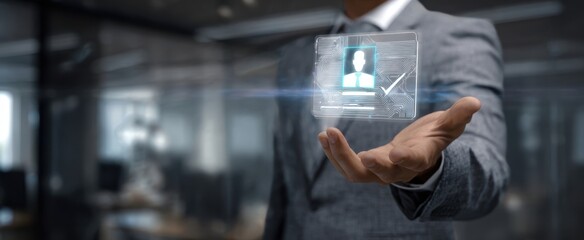 The Holographic ID Card Projected Above a Person's Open Hand in a Modern Office Setting