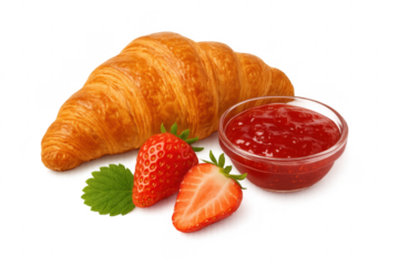 Croissant, strawberry jam for breakfast, transparent background