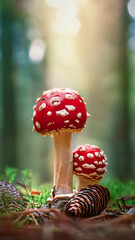 Magisches Duo: Fliegenpilze im tiefen, herbstlichen Waldlicht