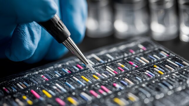 Technician uses tweezers to place a small sample in a colorful collection.