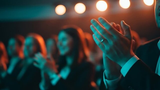 Audience applauding at night event diverse crowd clapping hands with vibrant stage lighting.