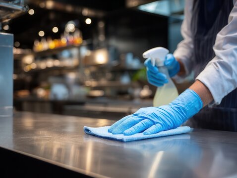 chef wearing disposable gloves disinfecting stainless steel countertop with spray bottle and cloth