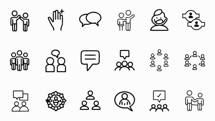 Collection of line art icons depicting communication, teamwork, and social interaction scenarios