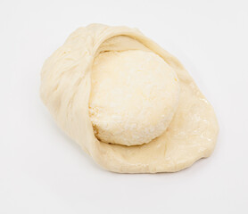 Fresh cheese Ball Resting On Flat Dough Sheet, Georgian Khachapuri Ready for Baking and Cooking