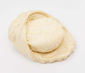 Fresh cheese Ball Resting On Flat Dough Sheet, Georgian Khachapuri Ready for Baking and Cooking