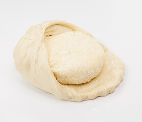 Fresh cheese Ball Resting On Flat Dough Sheet, Georgian Khachapuri Ready for Baking and Cooking