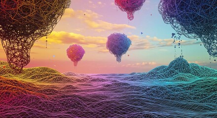 Abstract landscape with wireframe structures and pastel sky , trending, fashion, lifestyle