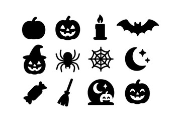 Halloween icon set: pumpkins, spiders, and witchy elements in bold silhouette style