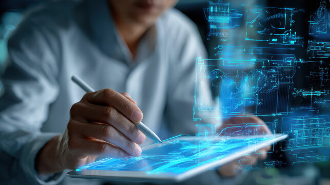 Programmer sketching out ideas on digital tablet with holographic designs and blueprints in background, showcasing creativity and innovation