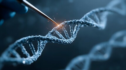 Close-up of a DNA helix with tweezers performing genetic editing.