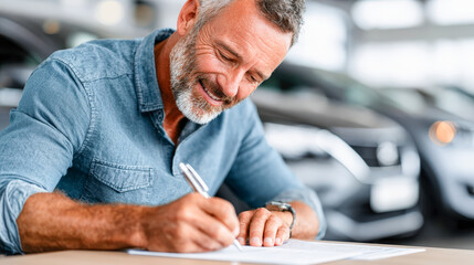A smiling middle-aged man signing documents at a car dealership, with new cars blurred in the background.