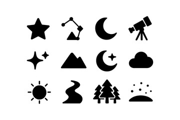 Obraz premium Celestial and nature icons collection: moon, stars, telescope, sun, trees, and mountains in simple silhouette style