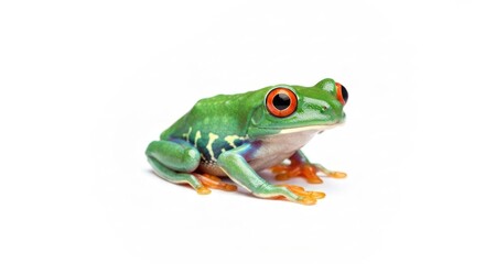 Fototapeta premium Bright green frog with red eyes sits against a plain white background