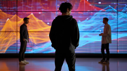 Programmer standing in front of large screen displaying colorful data visualizations, engaged in discussion with colleagues