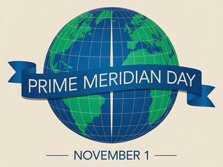 Celebrating prime meridian day on november 1st with a stylized earth globe and a prominent blue ribbon banner