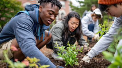 Young adults working together outdoors, planting flowers in community garden, showcasing teamwork and environmental care