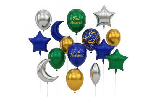 Collection of islamic themed balloons including crescent moons stars and ovals isolated on transparent background