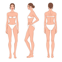 Illustration of a female fashion model shown from front, side, and back views. Perfect for fashion design sketching, garment fitting, croquis drawing, and clothing template creation.