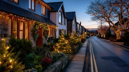 Fototapeta premium Beautifully lit street lined with houses decorated for holiday season, showcasing festive lights and greenery, creating warm and inviting