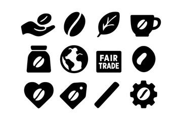 Fair trade coffee icons set: sustainable silhouette symbols for ethical beverage themes