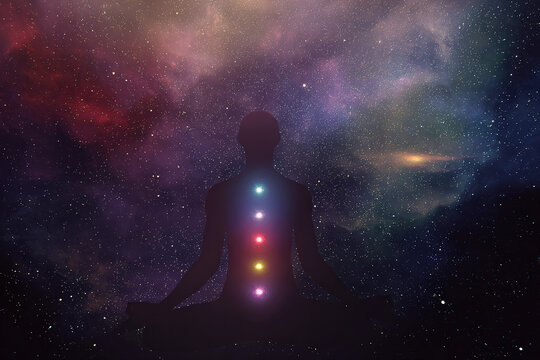 A digital illustration of a silhouetted figure meditating against a vibrant, starry galaxy backdrop, featuring glowing chakra symbols. - Powered by Adobe