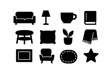 Minimalist home icons set: furniture, decor, and essentials in silhouette