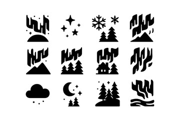 Minimalist nature icons: aurora, winter, night sky, trees, and mountains