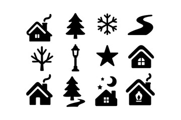 Winter silhouette icons featuring houses, trees, and seasonal elements