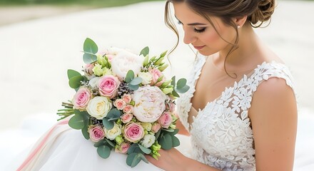 Naklejka premium Bride in White Lace Dress Holding Bouquet of Pink and White Roses Outdoors