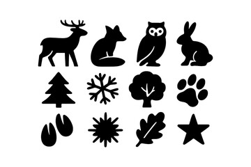 Fototapeta premium Silhouette wildlife and nature icons: deer, owl, tree, paw print, and more