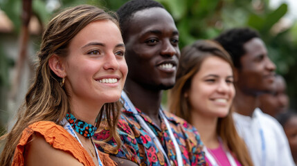 Young leaders smiling and engaging in group setting, showcasing diversity and enthusiasm for leadership development