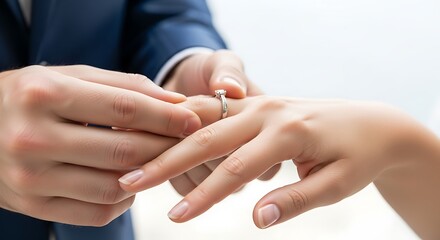 Fototapeta premium Close Up of Man Wearing Dark Suit Placing Wedding Ring on Woman Hand