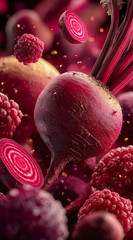 Vibrant beetroots and raspberries highlighted in a dramatic fusion, showcasing texture and natural patterns against a dark background.