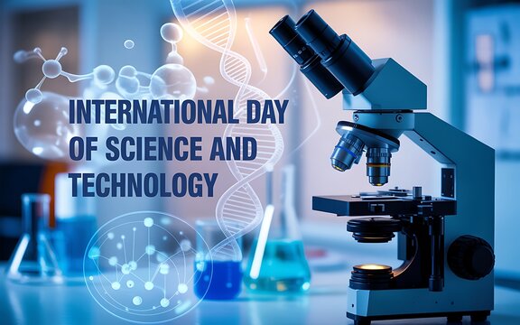 Celebrating international day of science and technology with a microscope and scientific innovations in a laboratory setting