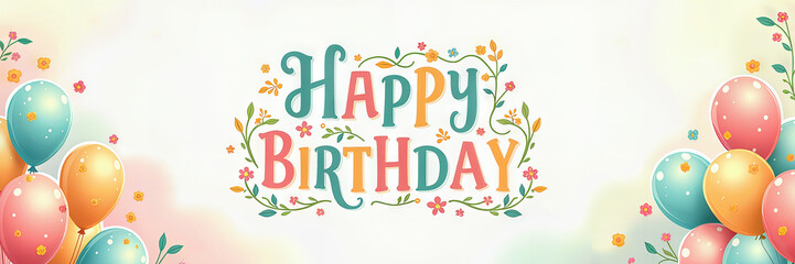 A vibrant birthday banner featuring colorful balloons and flowers, with Happy Birthday text.