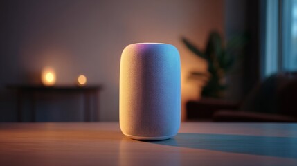 Cylindrical electronic device illuminates warmly on a wooden surface indoors