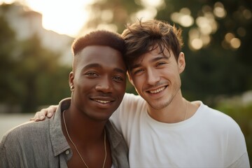 Fototapeta premium Smiling male friends outdoors at sunset