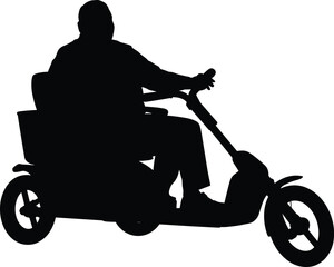 Fototapeta premium Silhouette of person riding mobility scooter with three wheels, black vector illustration for accessibility, independence, lifestyle, and assistive transport concept