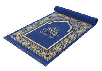 Rolled blue islamic prayer mat with intricate geometric patterns isolated on transparent background