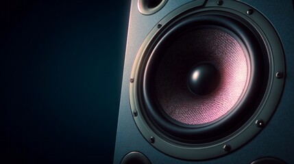 Close up view of a professional audio loudspeaker cone illuminates against a dark background