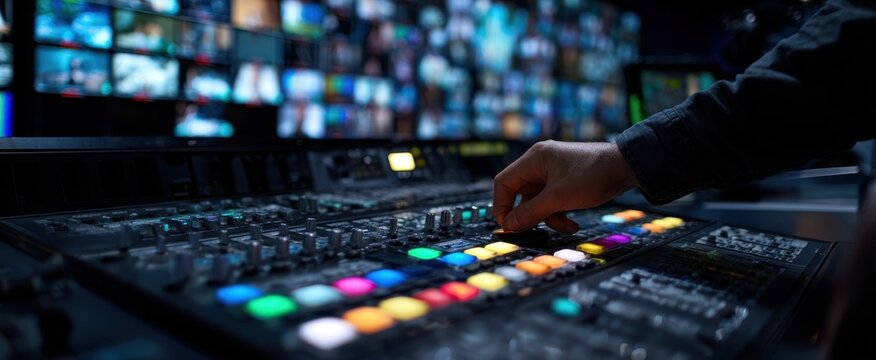 The Mixing Console in a Professional Broadcast Control Room with Colorful Buttons