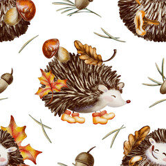 Forest character,a hedgehog,in a cute childrens style on seamless autumn pattern,wearing yellow rubber boots and carries oak,maple leaves,mushrooms,pine branches and acorns.Watercolor,colored pencils