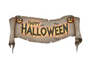 Spooky happy halloween banner with jack o lanterns isolated on transparent background