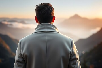 Generative AI man observes vast mountain vistas at sunrise.