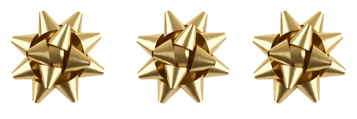 Three golden christmas bows, isolated on transparent background, for decoration and gifts