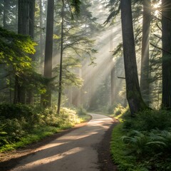 Obraz premium Sun Rays Forest Pathway Nature Walk Sunlight Through Trees Tranquil Scene Woodland Landscape Greenery Outdoor Adventure Serenity