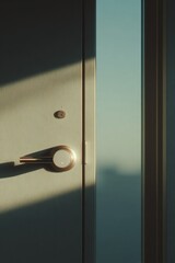 Modern metallic handle assembly securing a light-colored entry surface against bright outdoor light